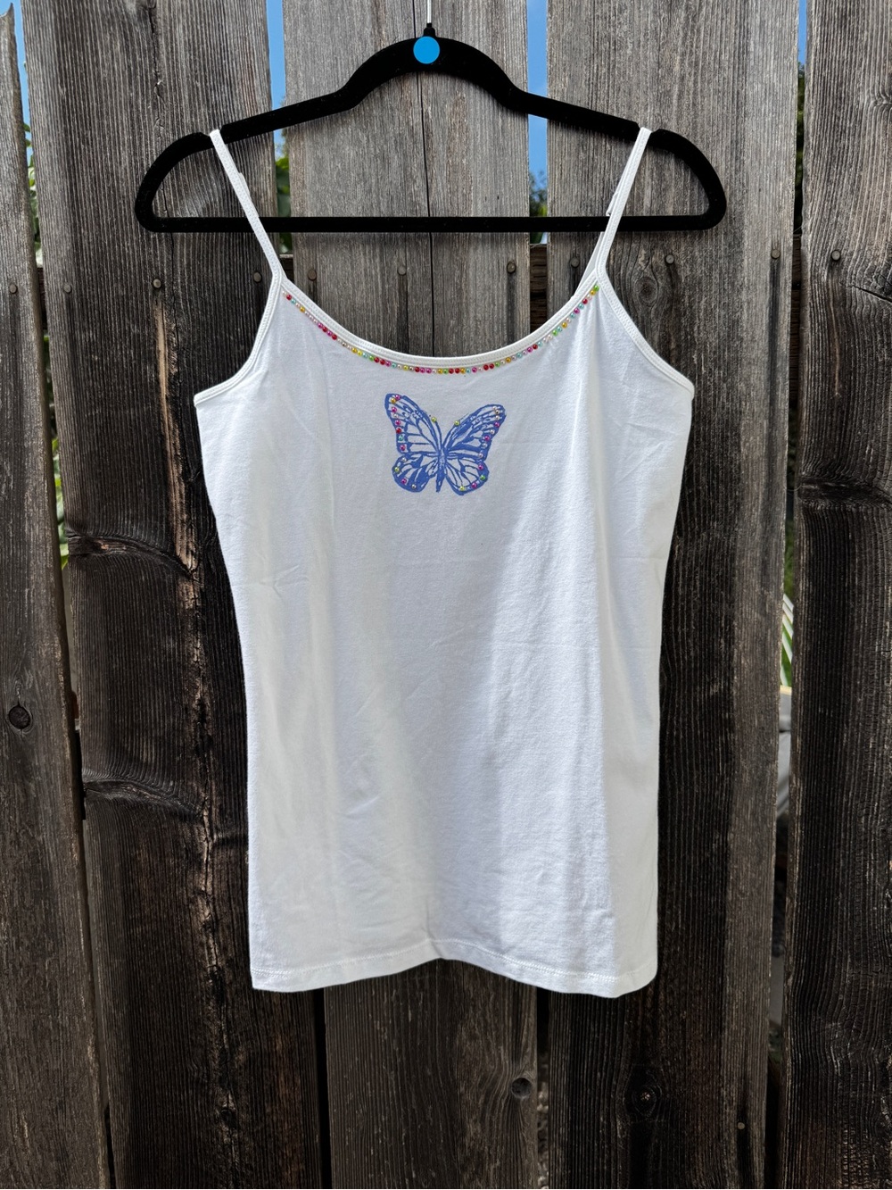 Everything That Glitters White Butterfly Graphic Tank Top Handmade Rainbow Gems